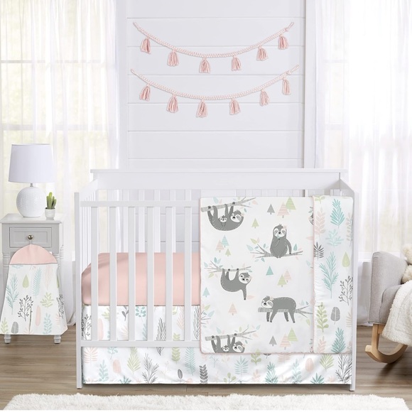 Sweet Jojo Designs Pink & Grey Jungle Sloth Baby Girl Nursery Crib Bedding Set - Picture 1 of 7